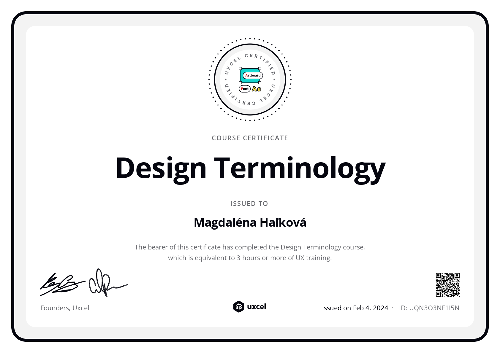 Magdaléna Haľková's certificate